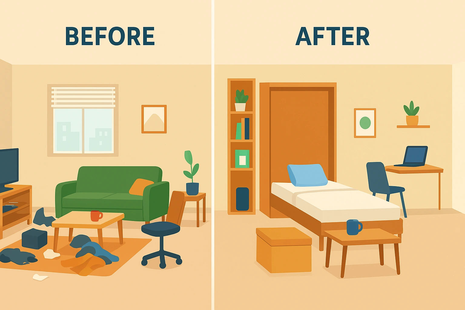 A before-and-after image showing a cluttered studio apartment transformed into a tidy, functional space using smart, space-saving furniture.