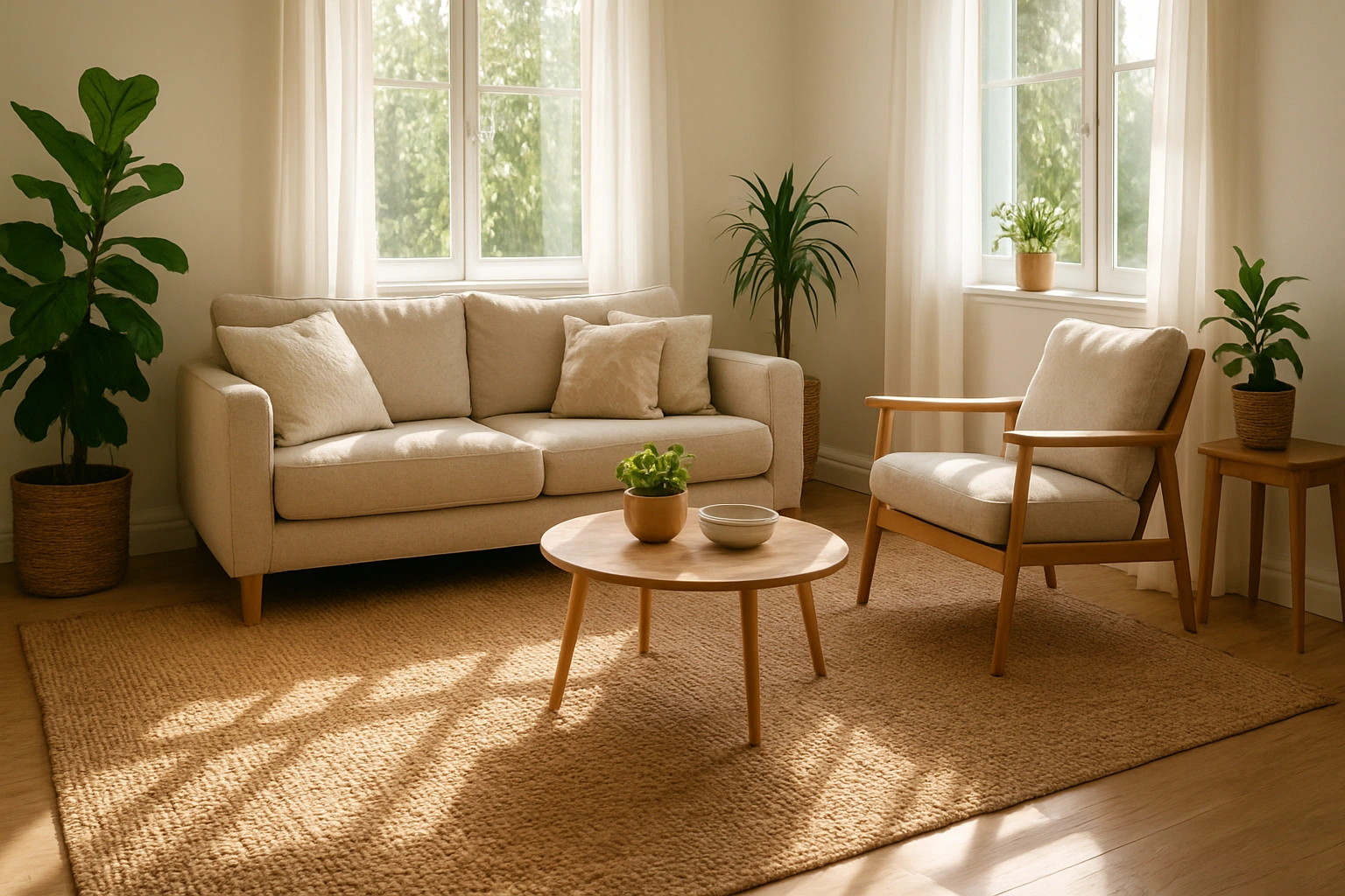 A bright, cozy living room centered around a large, textured jute rug, with sunlight, plants, and comfortable seating creating a warm and inviting atmosphere.