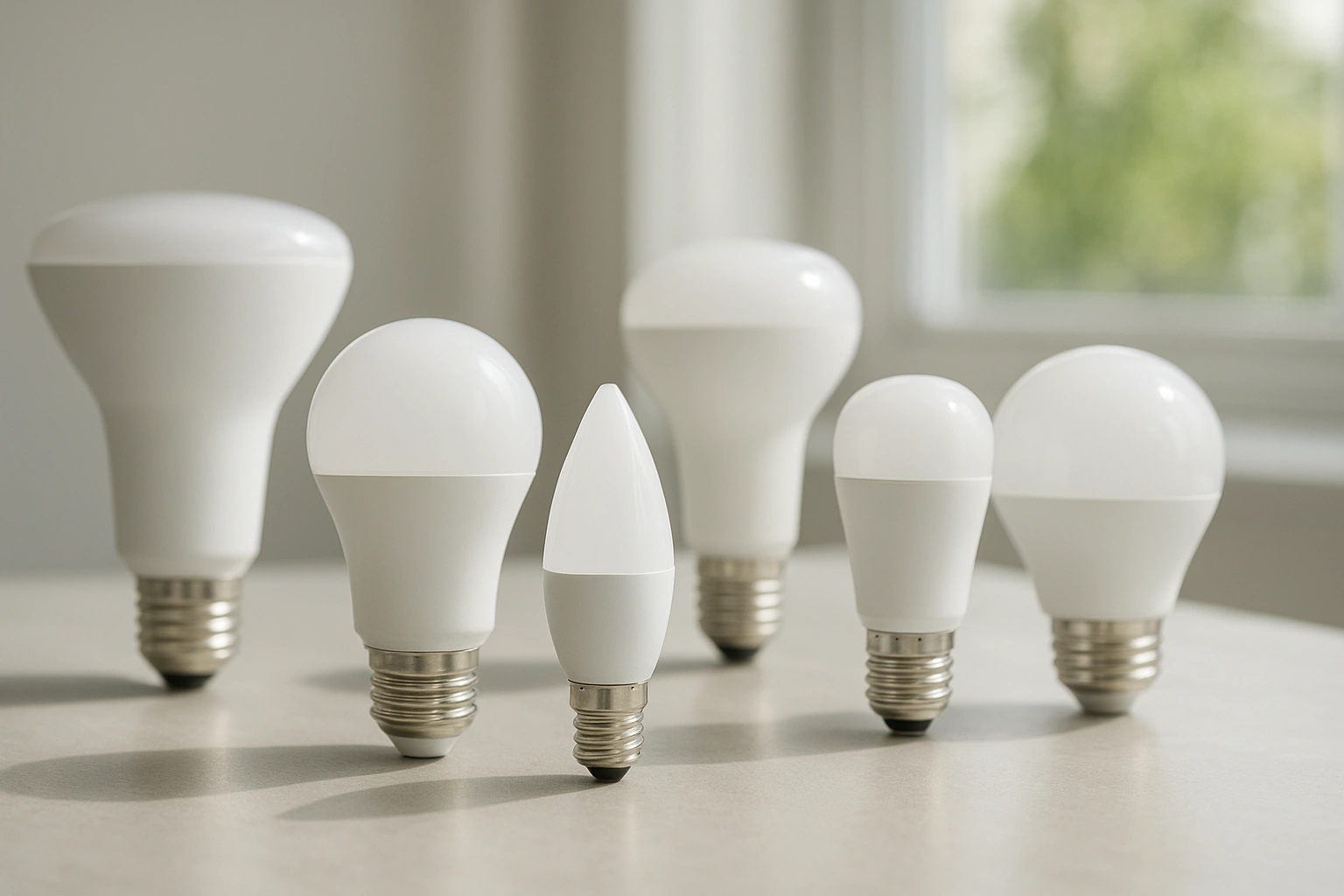 A collection of energy-saving smart bulbs in different shapes and sizes, displayed on a modern surface, highlighting their sleek design and functionality.