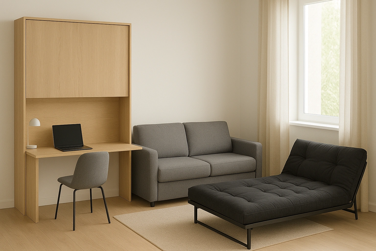 A comparison of space-saving sleep solutions including a Murphy bed with desk, sofa bed, and futon, displayed in a modern compact living space.