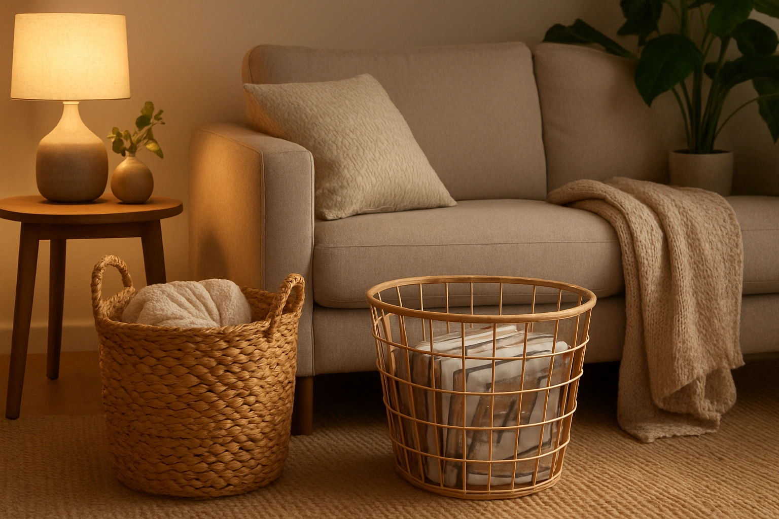 A cozy living room featuring woven baskets used as decor and storage for blankets and magazines, placed beside a sofa to showcase practical and stylish living room storage ideas.