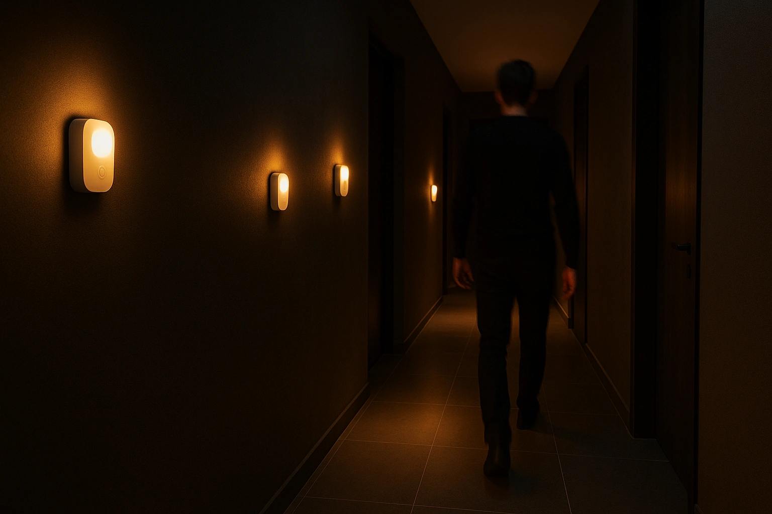 A dark hallway lit by smart sensor lights activating as a person walks through, demonstrating motion-activated home lighting.
