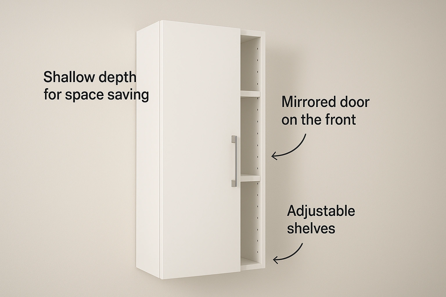 A detailed diagram of a slim wall cabinet highlighting its key features shallow depth, mirrored door, and adjustable shelves.