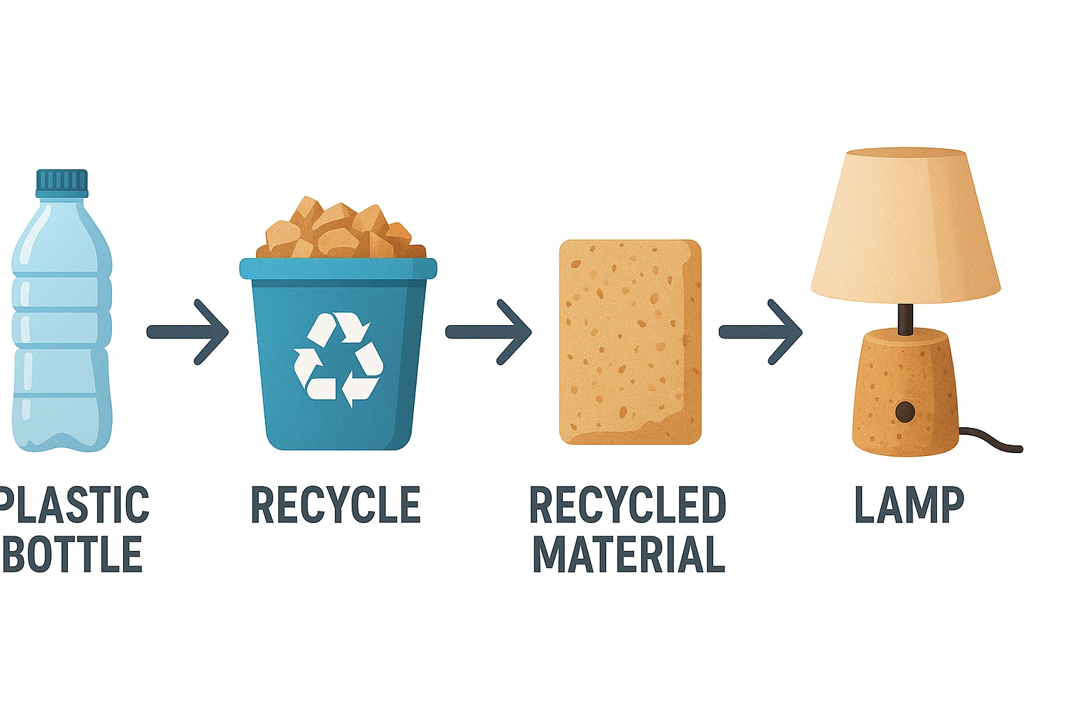A detailed flow chart illustrating the transformation of plastic bottles into a lamp made from recycled materials, showing each step from collection to finished product.