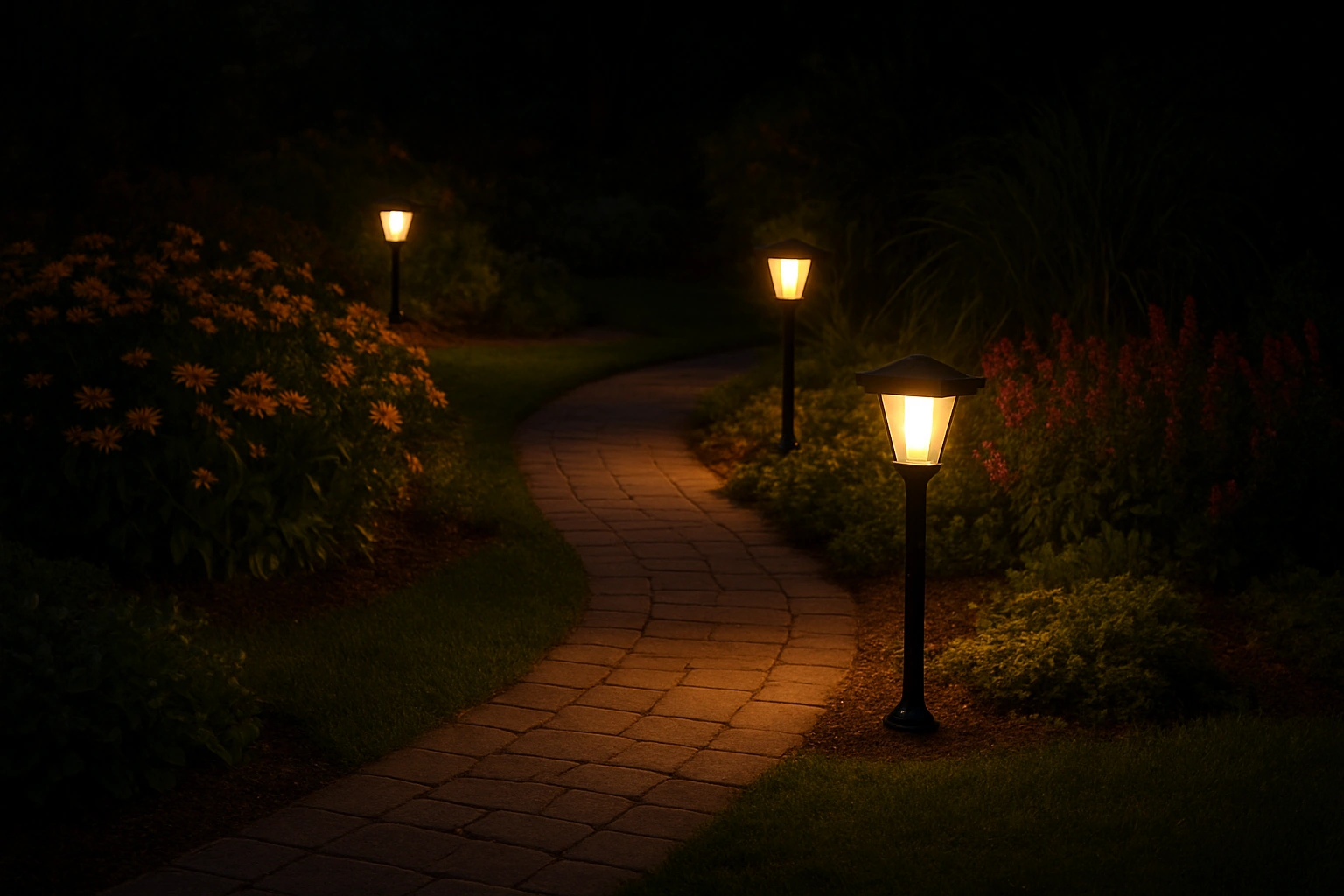 A garden path at night illuminated by solar walkway lights, casting warm light on surrounding plants.