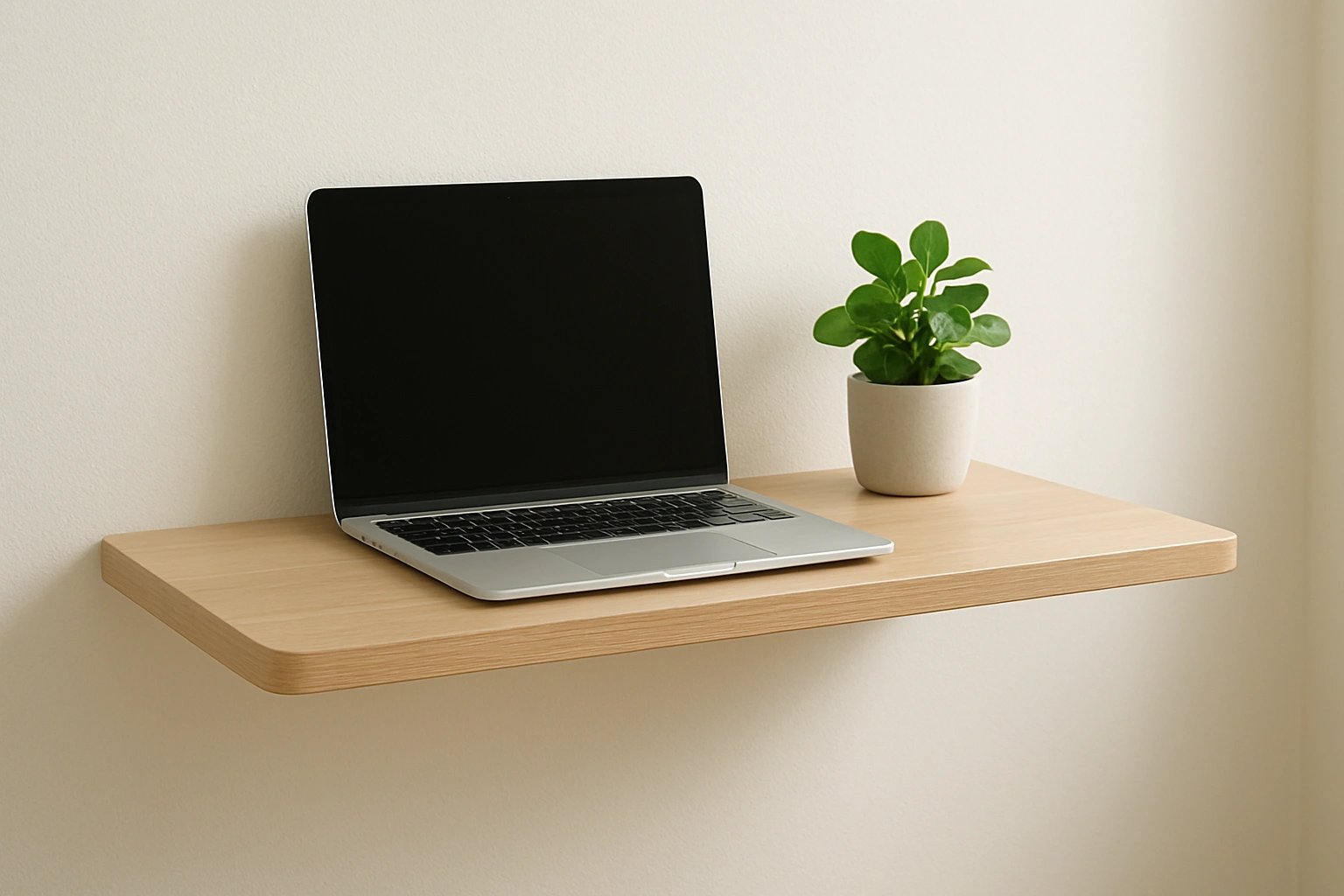 A minimalist wall-mounted desk designed for small spaces, featuring a laptop and a small plant, creating a clean and functional workspace.