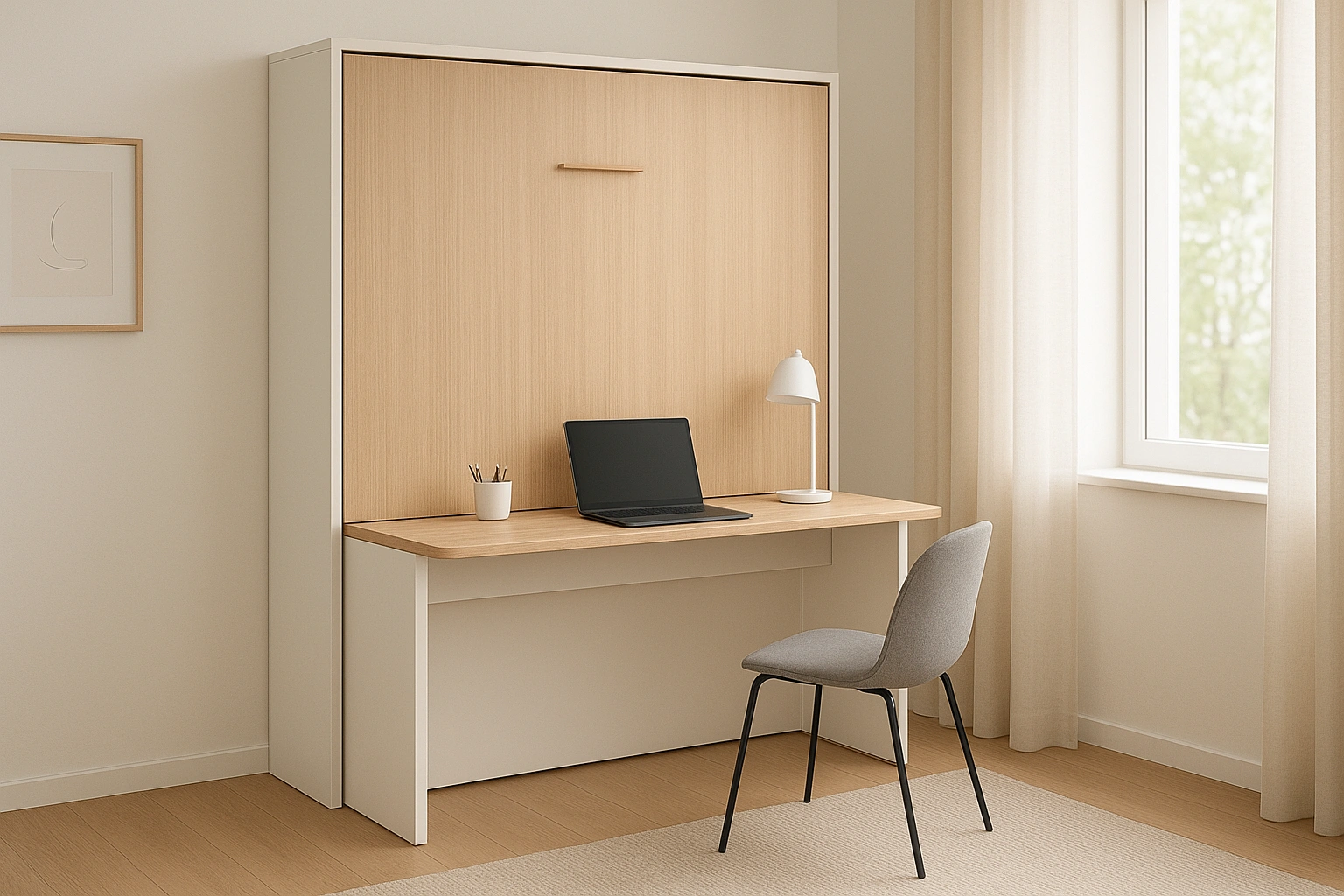 A modern Murphy bed with a desk in its closed position, serving as a functional home office in a compact and minimalist room.