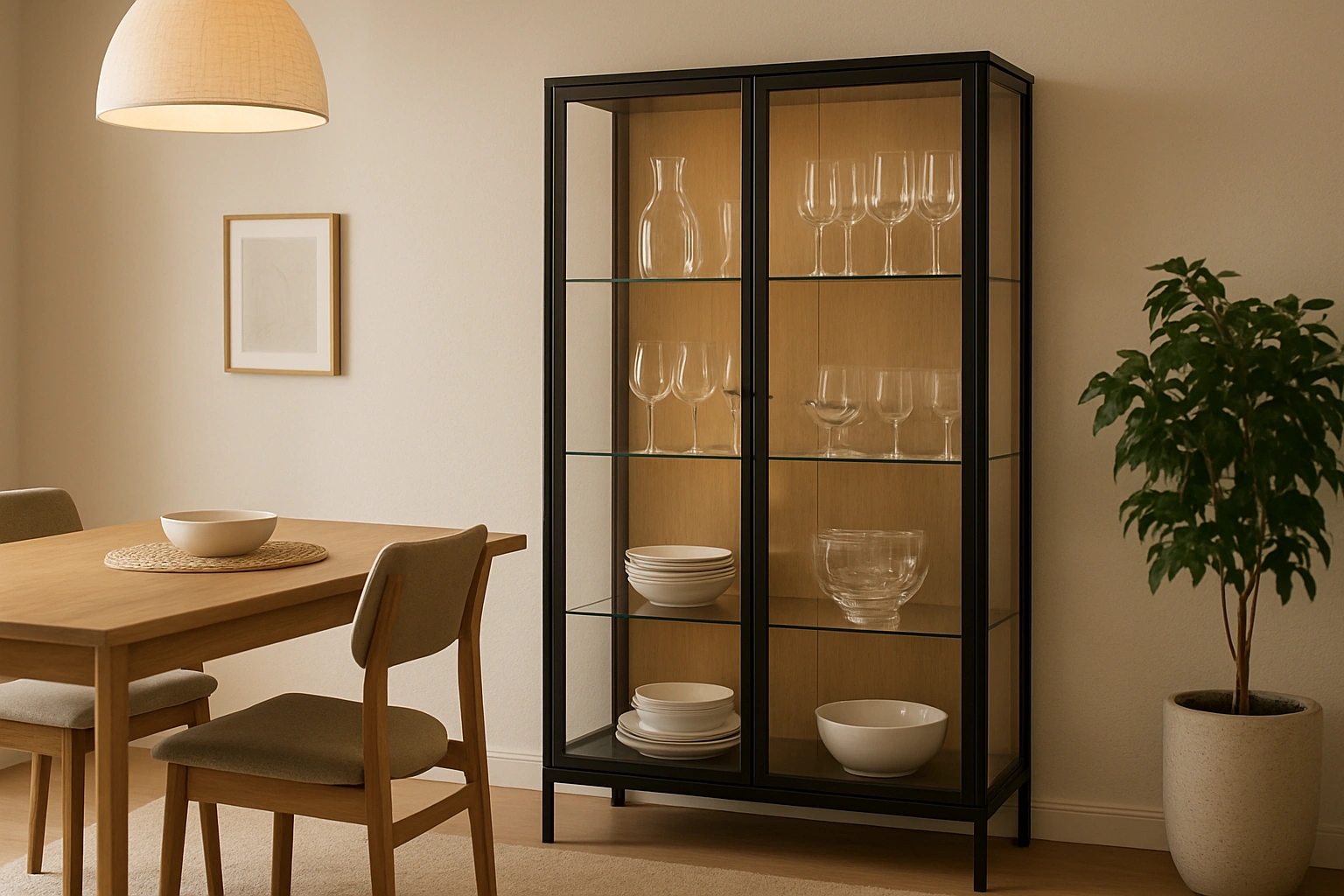 A modern dining room featuring a glass display cabinet showcasing elegant glassware and serving dishes, styled with clean lines and warm lighting.