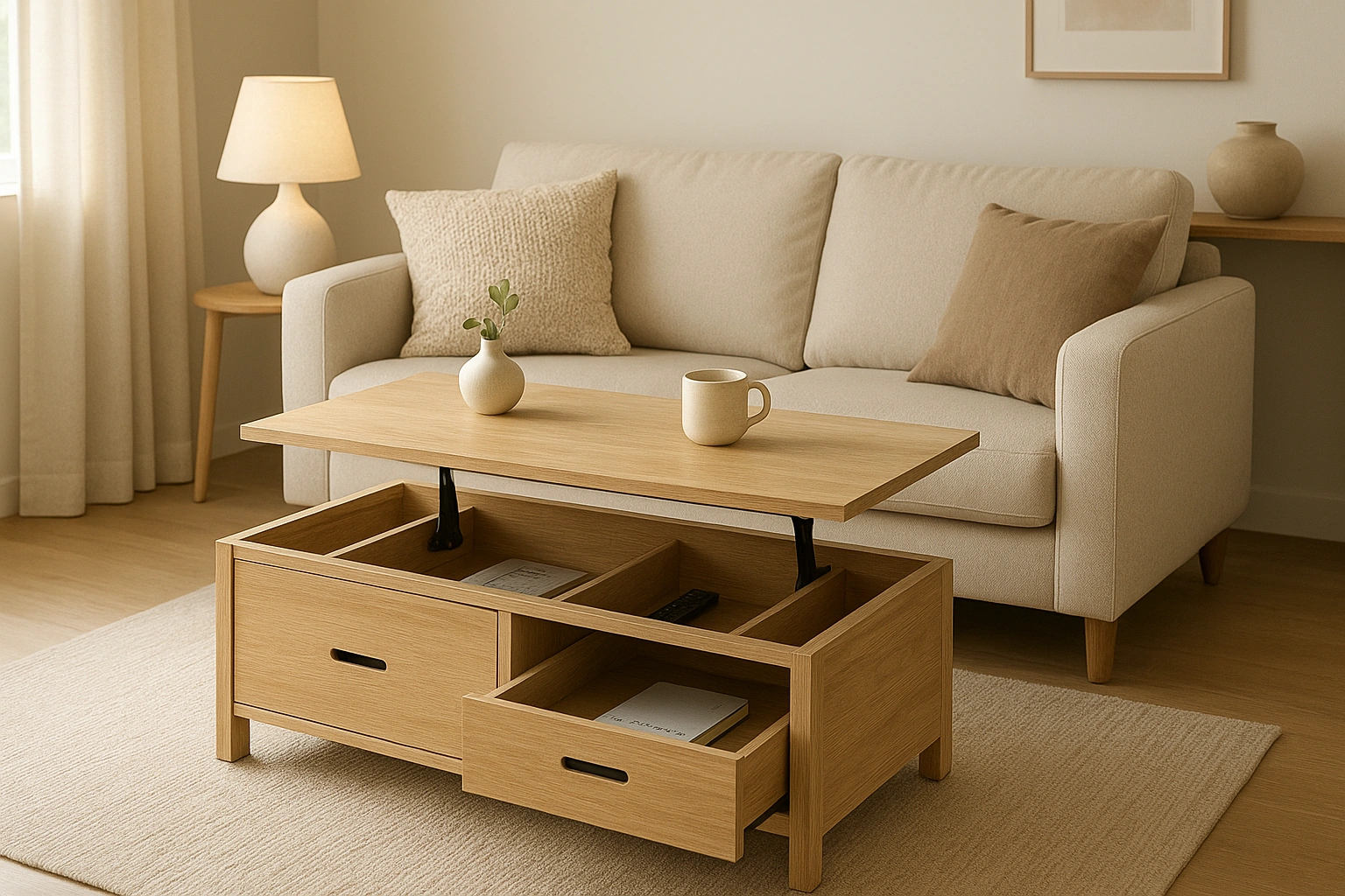 A modern living room featuring a stylish coffee table with storage, shown with its lift-top partially raised, offering both functionality and contemporary design.