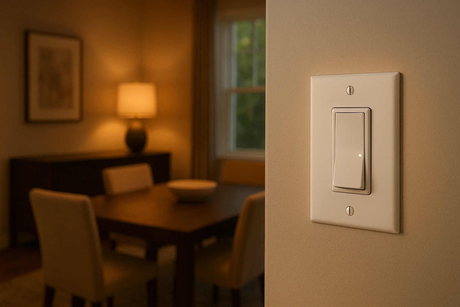 A modern smart dimmer switch installed on a wall, controlling the lighting in a stylish living or dining room.