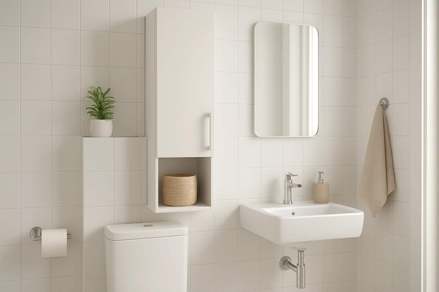 A modern tiny bathroom with a slim wall cabinet mounted above the toilet, providing stylish and space-saving bathroom storage.