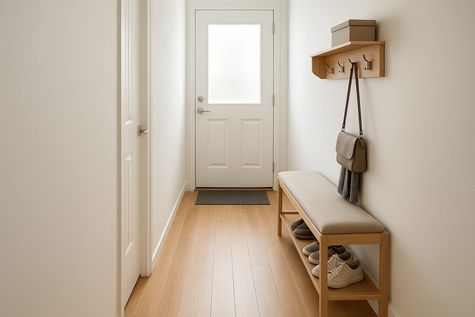 A narrow hallway neatly organized with a slim entryway bench, featuring storage space for shoes and accessories, demonstrating smart and effective hallway organization.