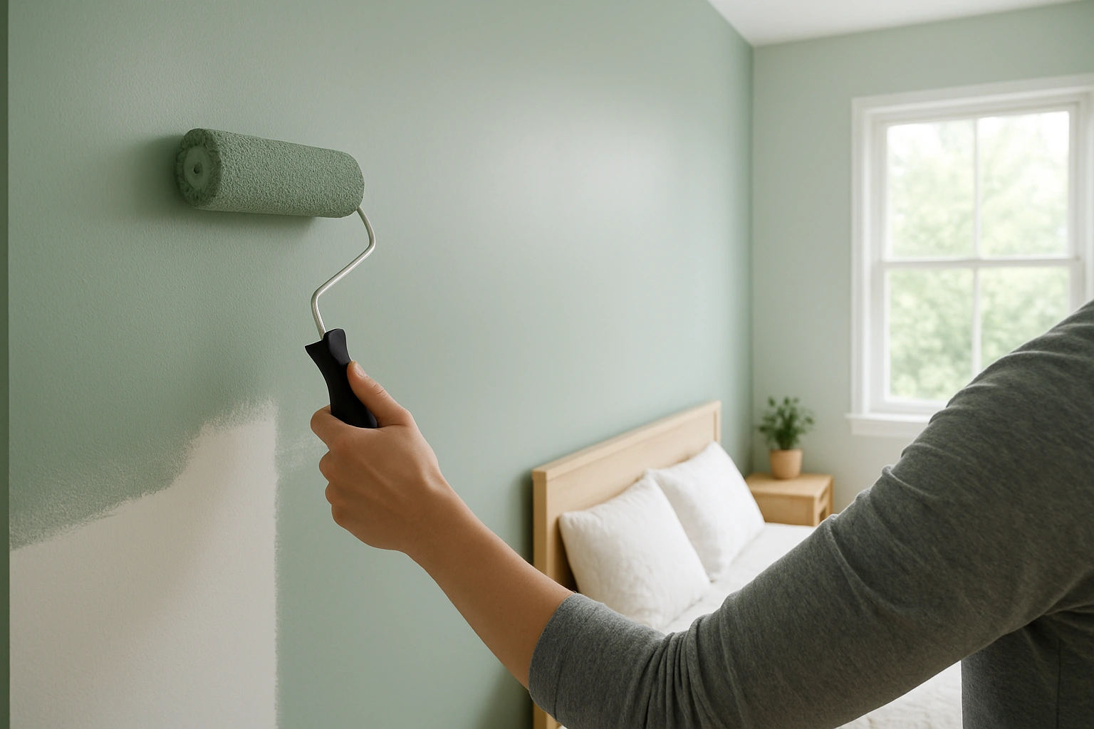 A person applying a coat of low-VOC interior paint in a bedroom, showing smooth coverage and an eco-friendly painting process.