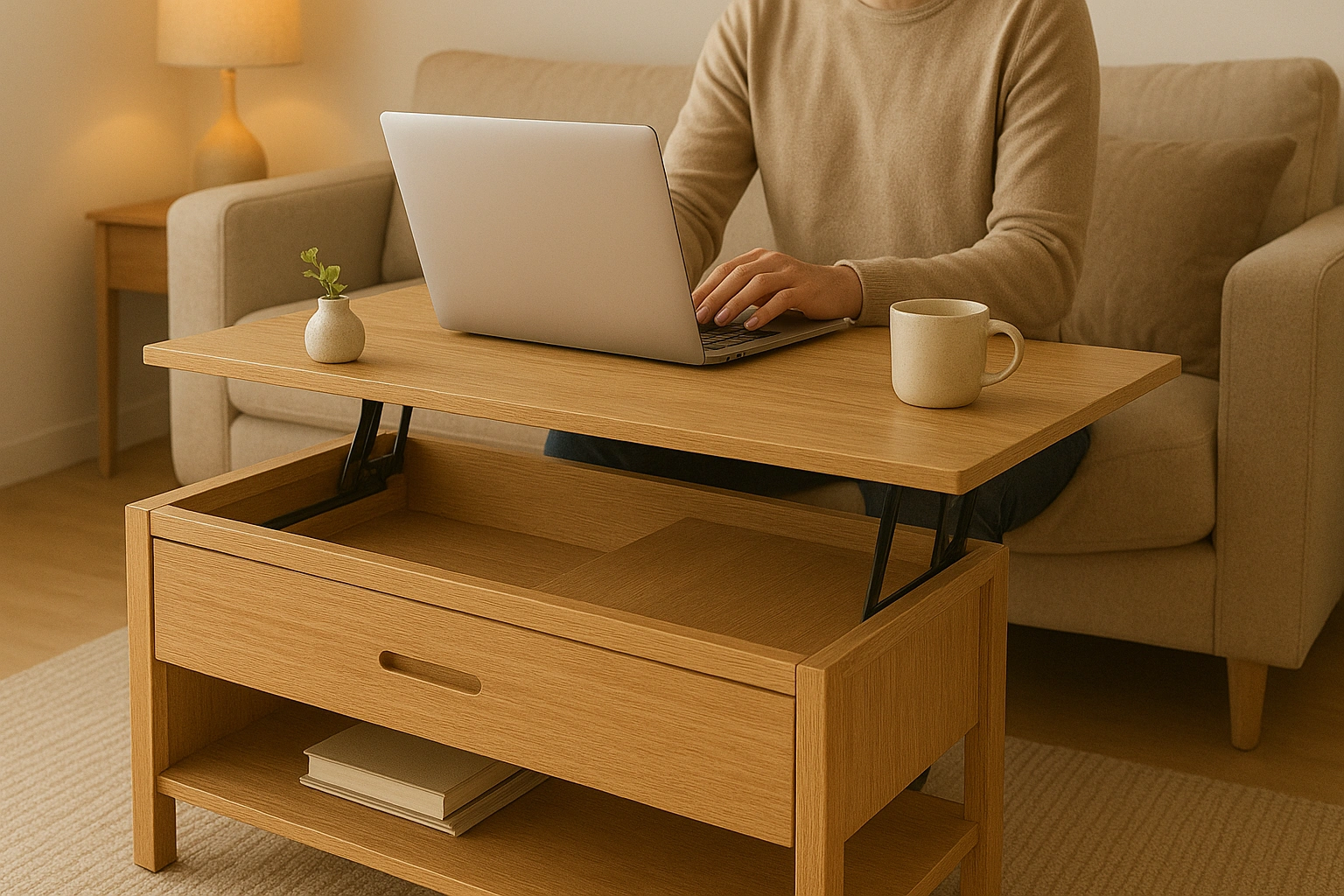 A person working on a laptop at a lift-top coffee table in a cozy, small living room with warm lighting and comfortable decor.