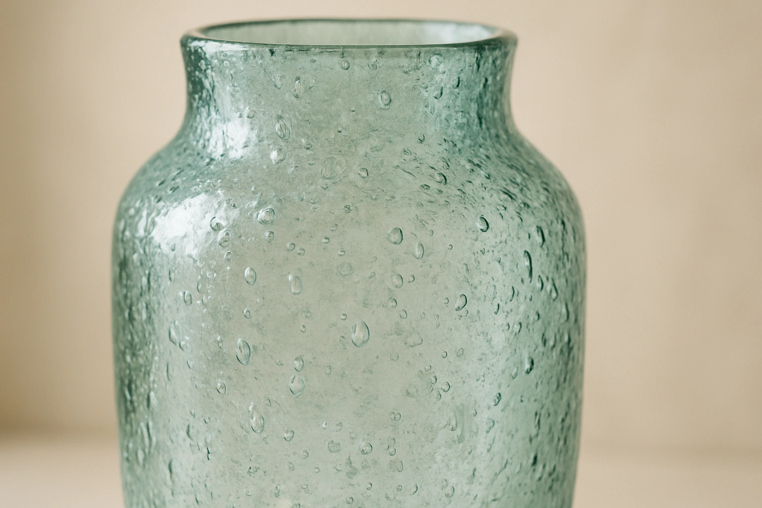 A realistic close-up photo of a recycled glass décor vase, highlighting its unique texture, translucent surface, and natural color variations.