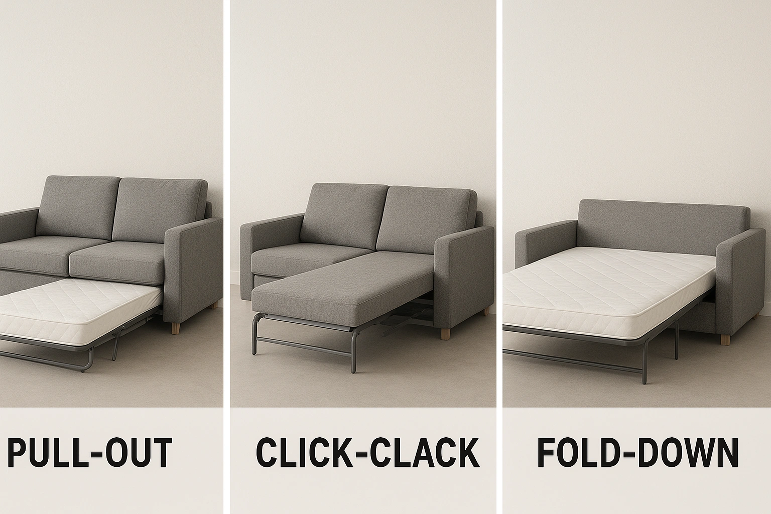 A realistic diagram illustrating different types of sofa bed mechanisms, including pull-out, click-clack, and fold-down designs, with clear labels and minimalistic style in a neutral background.