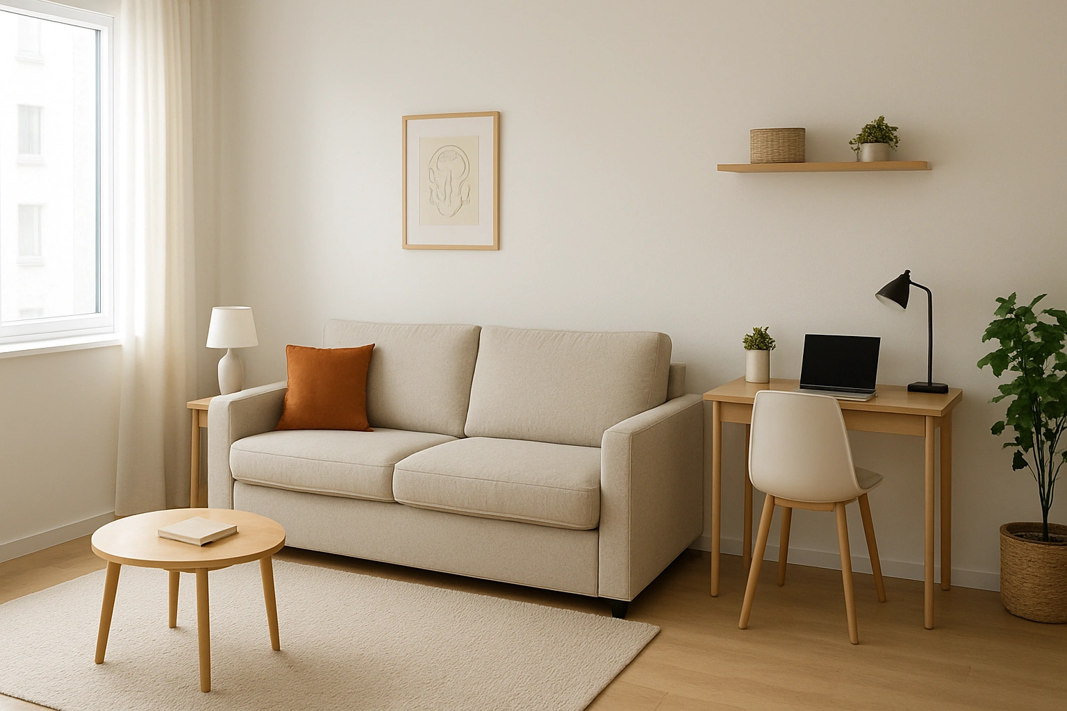 A realistic photo of a modern studio apartment showcasing a stylish, space-saving sofa, with a compact layout including a small dining area and workspace, bright natural lighting, and cozy decor.
