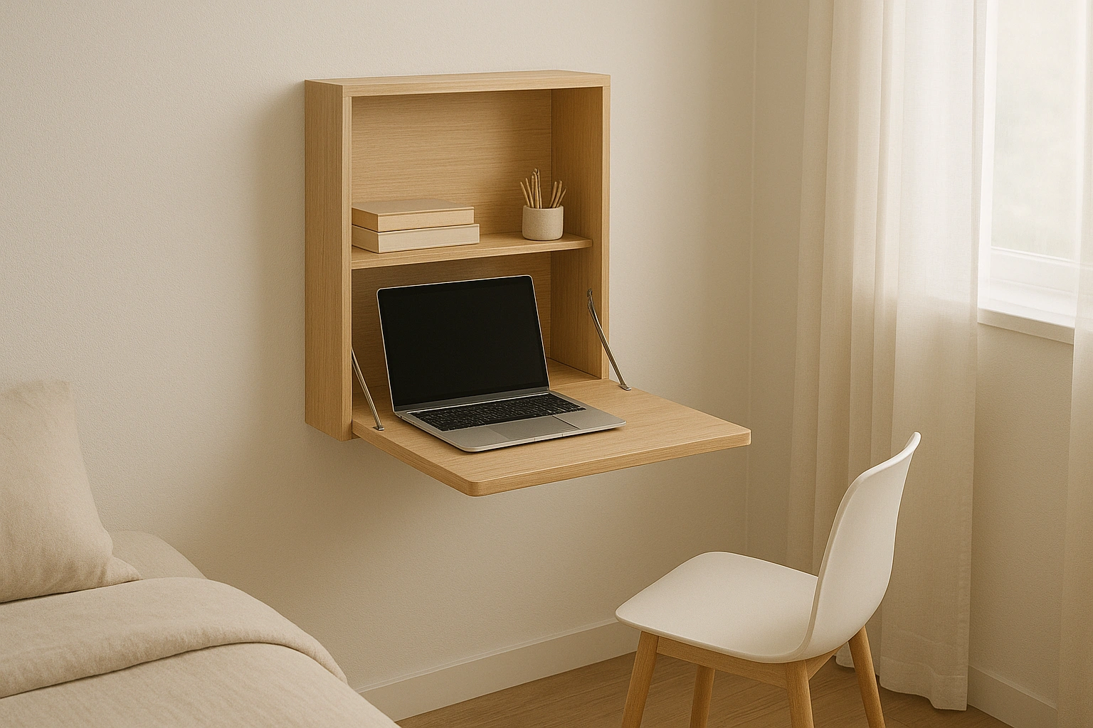 A realistic photo-style image of a compact fold-down wall desk installed in a small bedroom, transforming the space into a functional and stylish workspace.