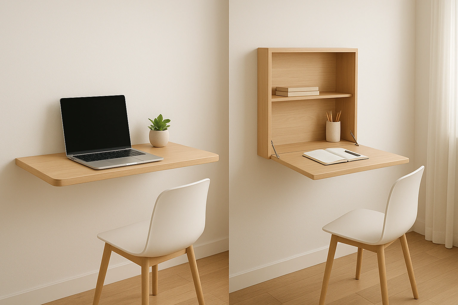 A realistic photo-style visual comparison showing two small space desk solutions a modern floating desk and a fold-down wall desk, highlighting space-saving designs.