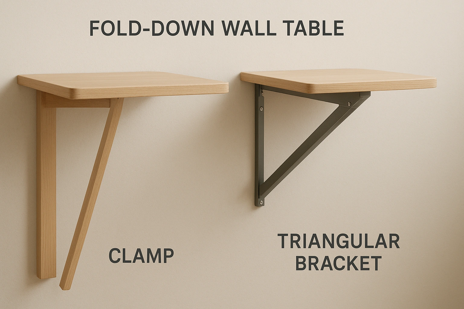 A realistic-style diagram showing a comparison of fold-down wall table support mechanisms, featuring a hinged leg on one side and a triangular bracket on the other.