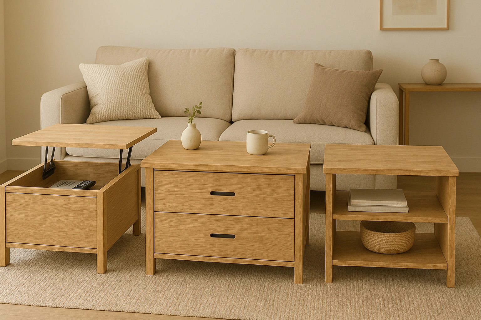 A side-by-side visual comparison of different coffee table with storage designs, including a lift-top style, a model with drawers, and one with open shelves, displayed in a modern living room setting.