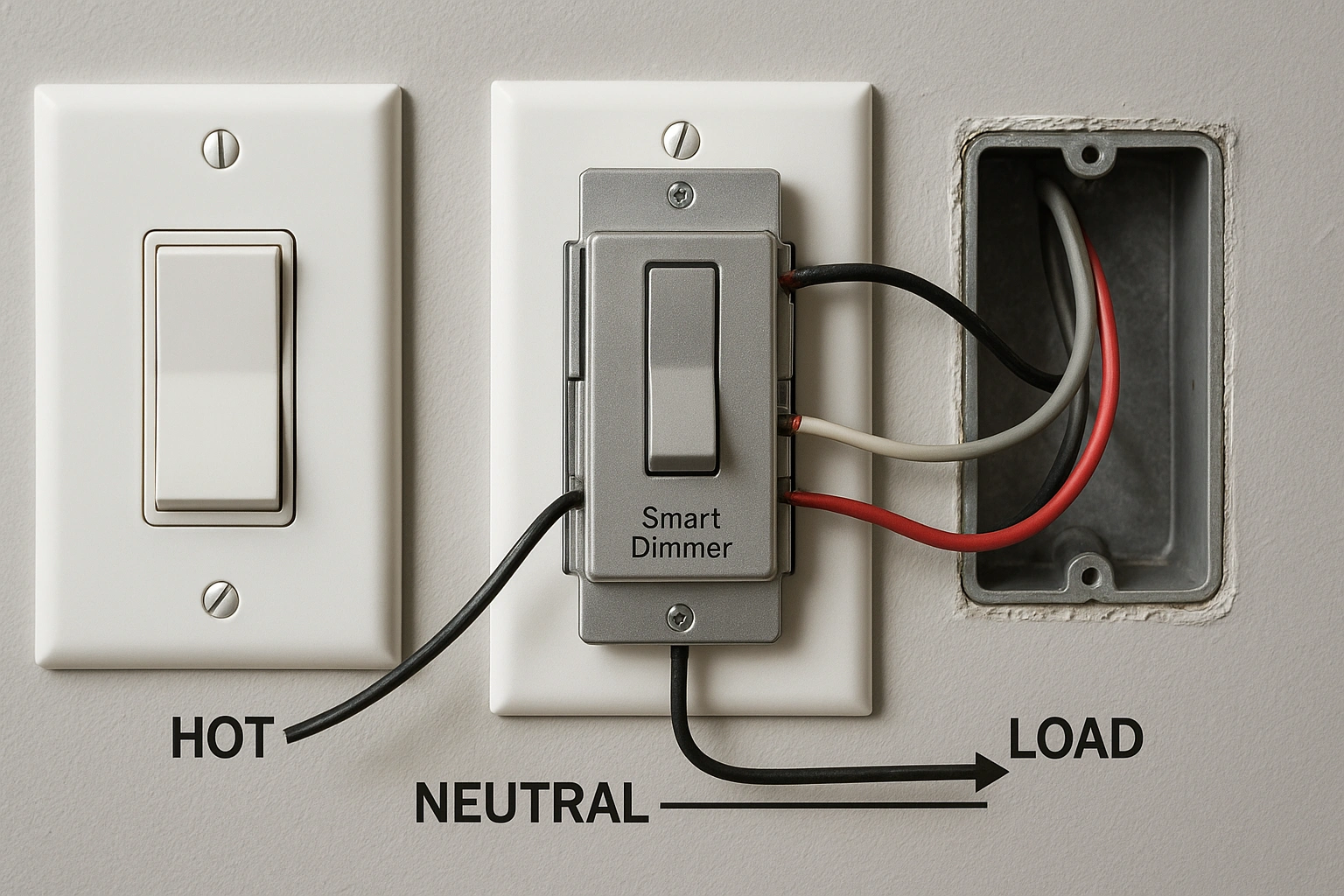 A simplified wiring diagram showing a smart dimmer switch installation and the required neutral wire for home electrical setup.