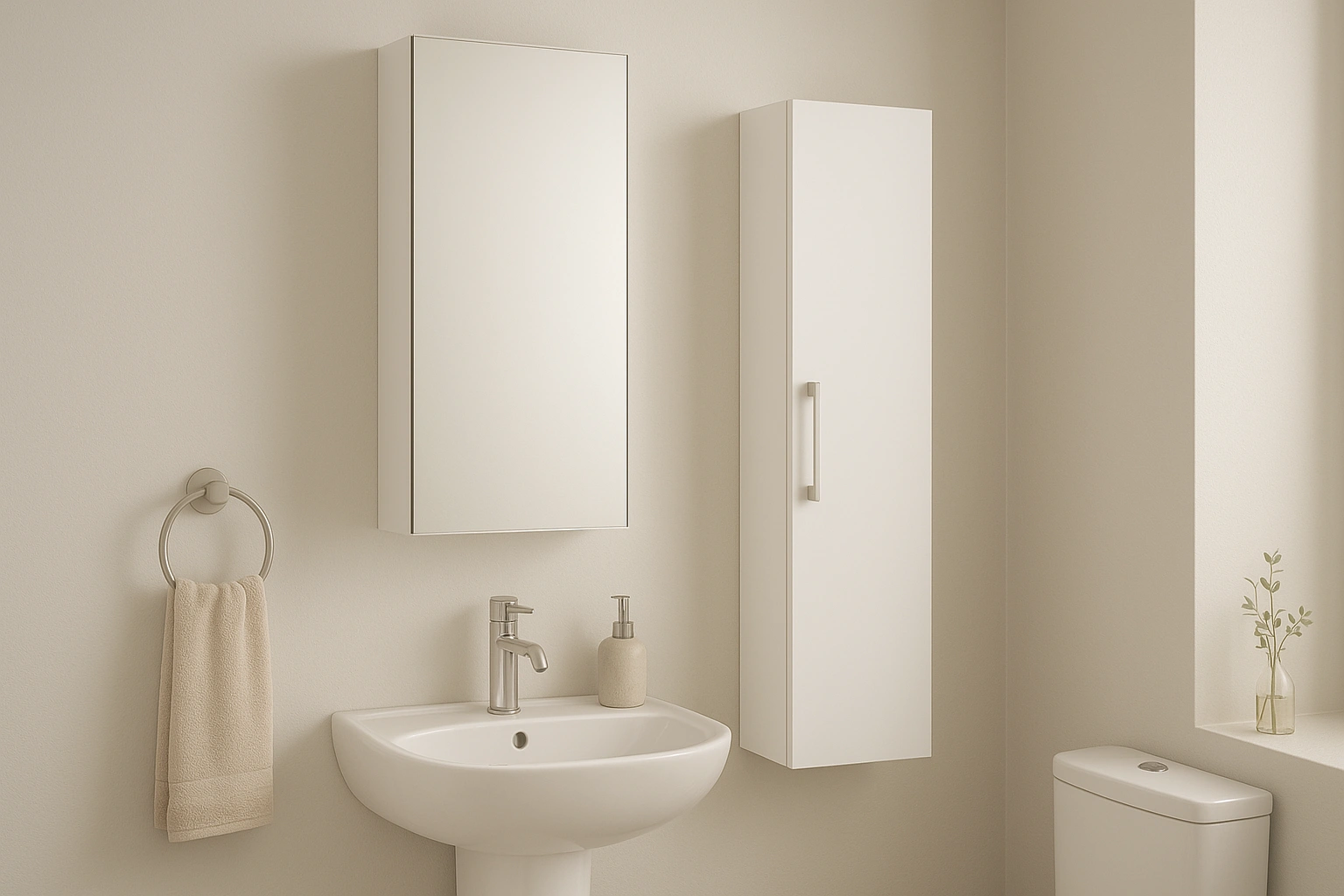 A small and stylish powder room featuring a narrow bathroom storage cabinet with a mirrored door mounted on the wall.