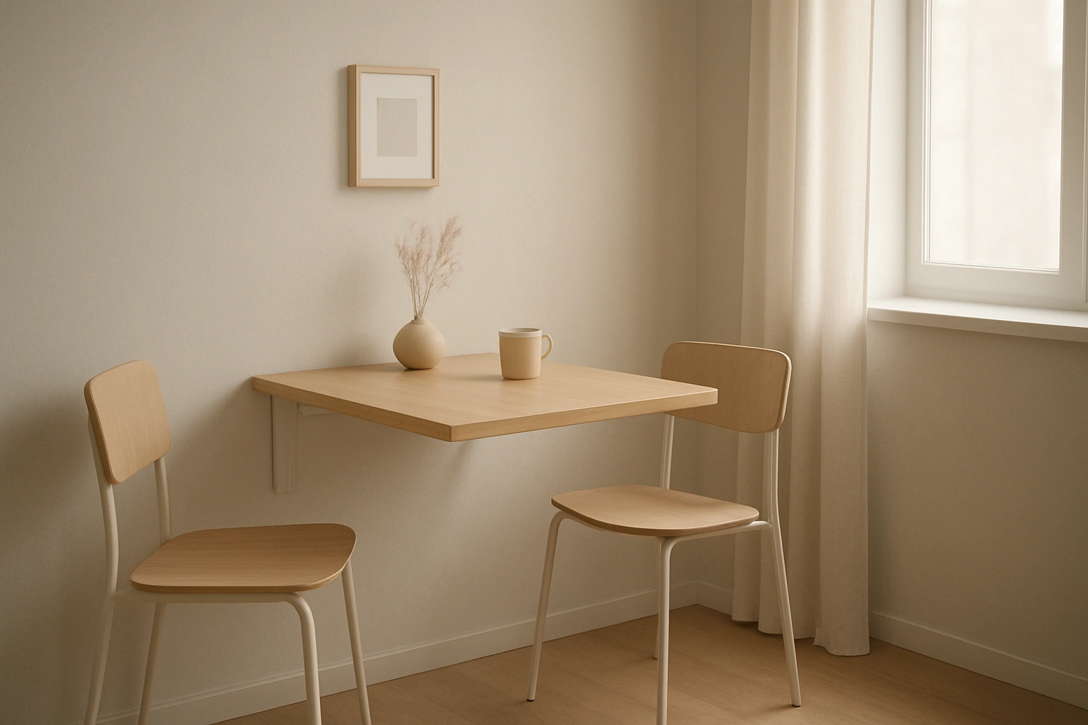 A small, modern dining area with a fold-down wall table in the open position, paired with two chairs, creating a compact yet stylish eating space.