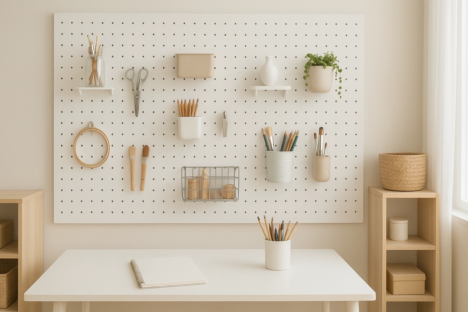 A stylish and functional craft room featuring a modular pegboard wall organizer system holding tools, supplies, and decorative items.