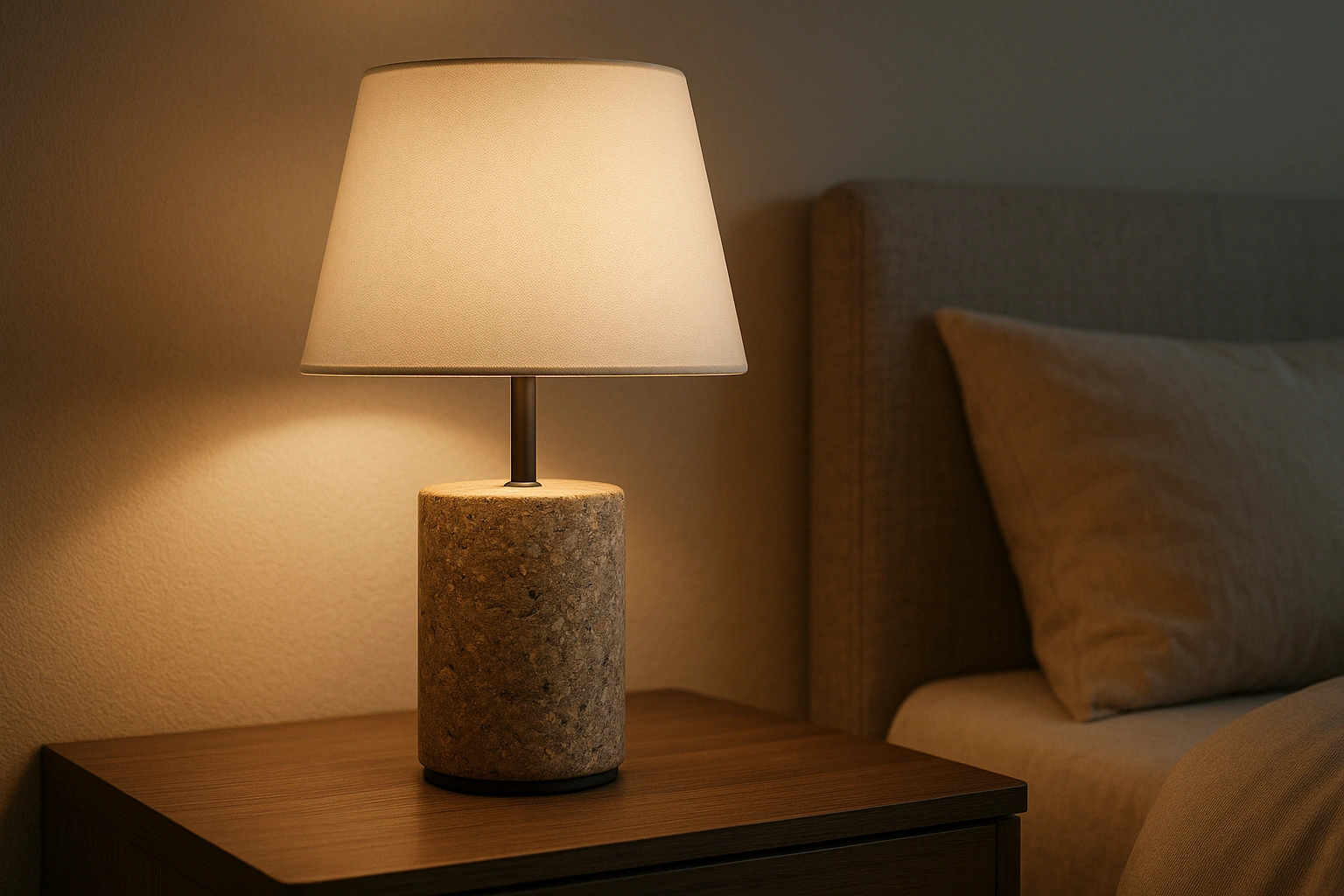 A stylish, eco-friendly smart lamp with a base made from recycled materials, placed on a modern bedside table in a softly lit bedroom.