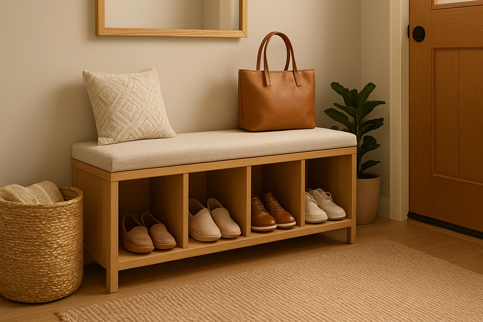 A stylish entryway bench with built-in storage cubbies for shoes, topped with a soft cushioned seat, creating a welcoming and organized entryway.