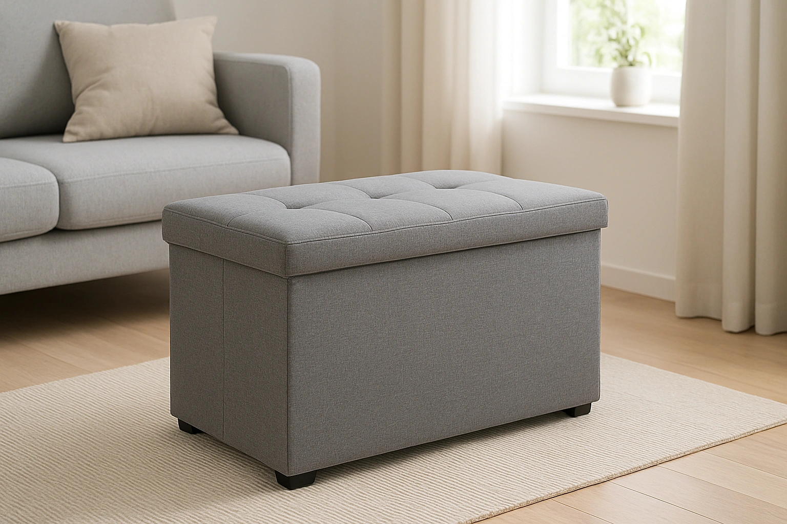 A stylish grey storage ottoman in a modern living room, designed for small spaces with a compact, multifunctional, and minimalist style.