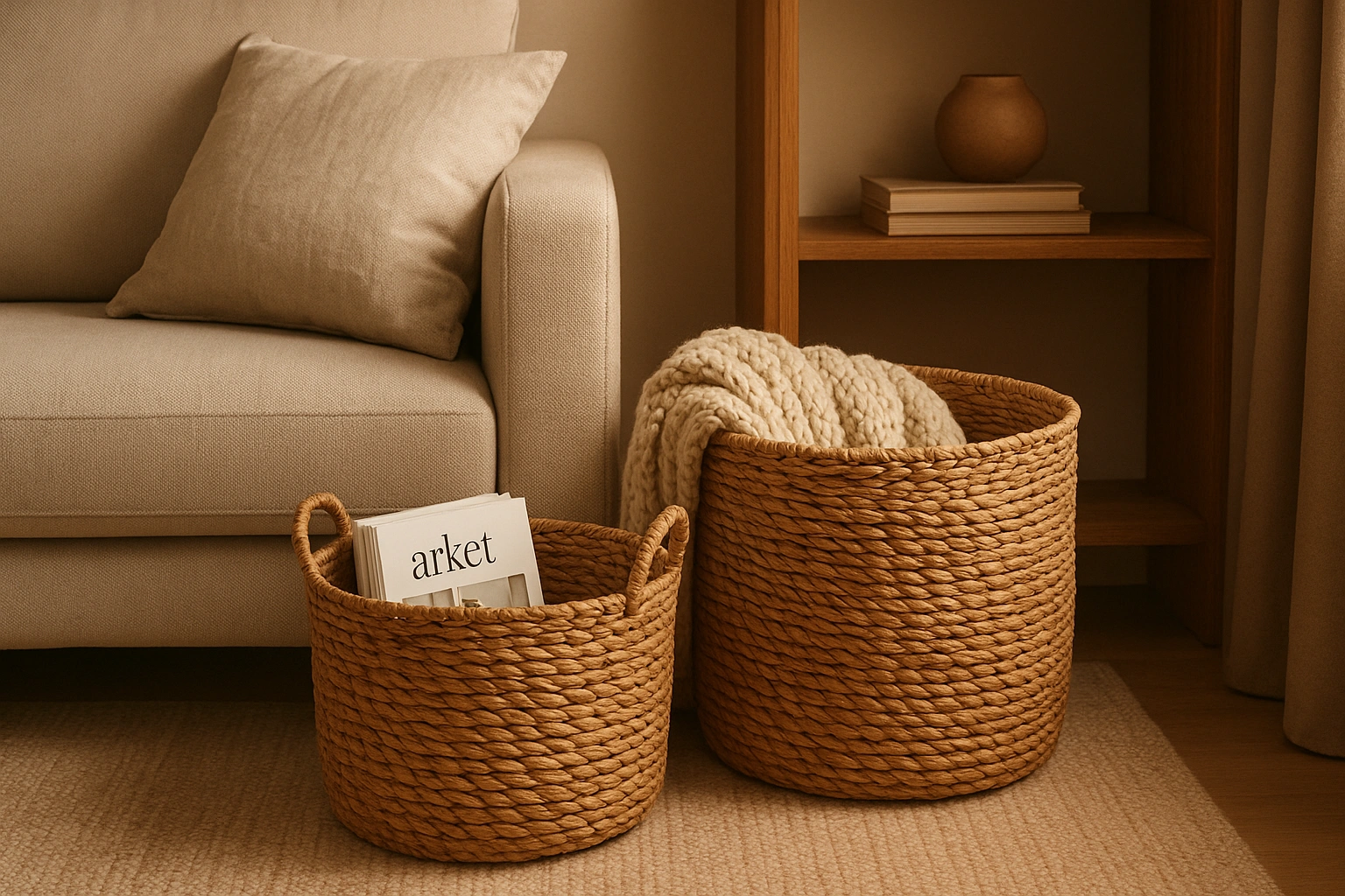 A stylish living room with decorative storage baskets neatly organizing blankets and magazines, placed beside a modern sofa with cozy lighting and elegant decor.