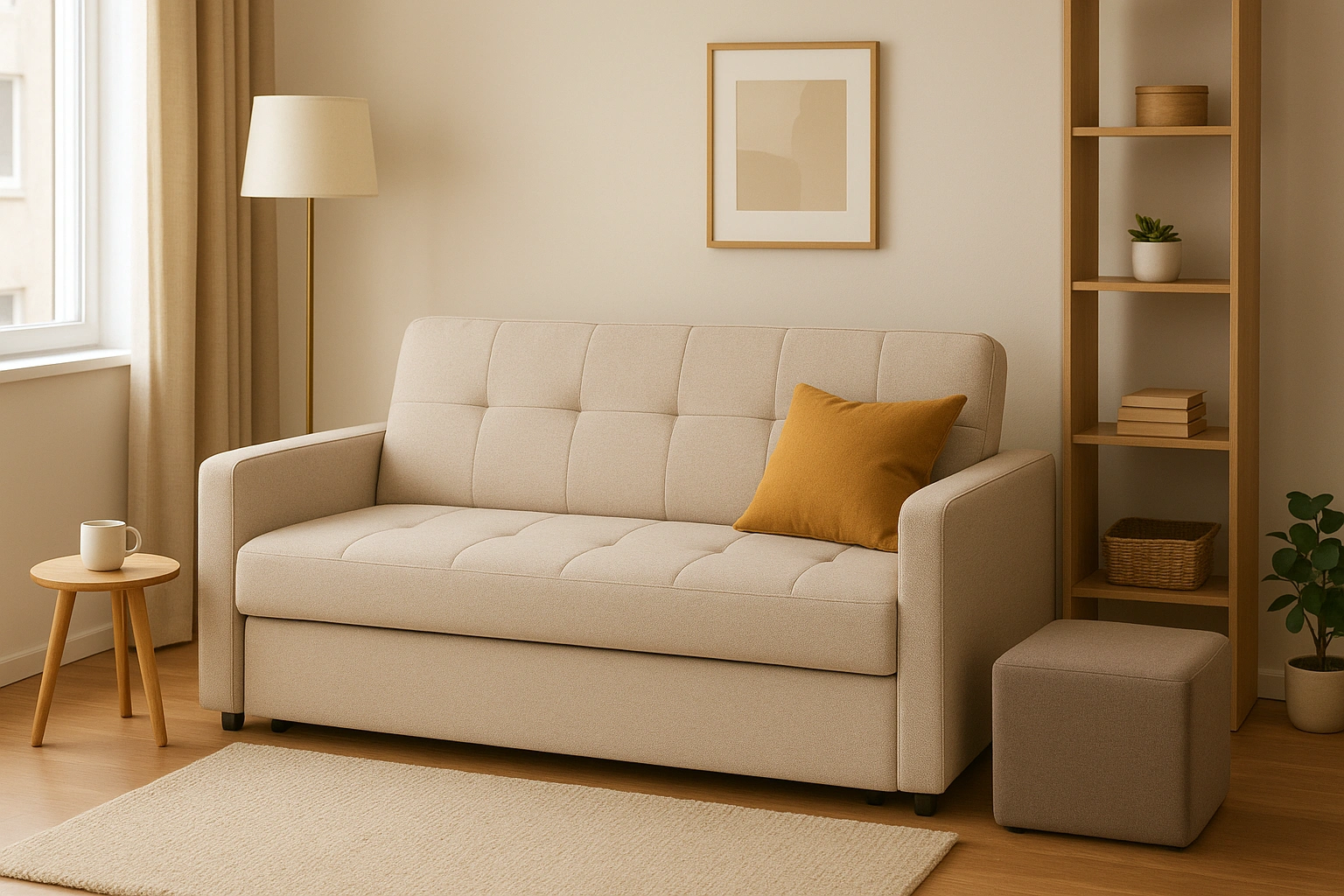 A stylish sofa that converts into a bed, illustrating multifunctional furniture ideal for small apartments.