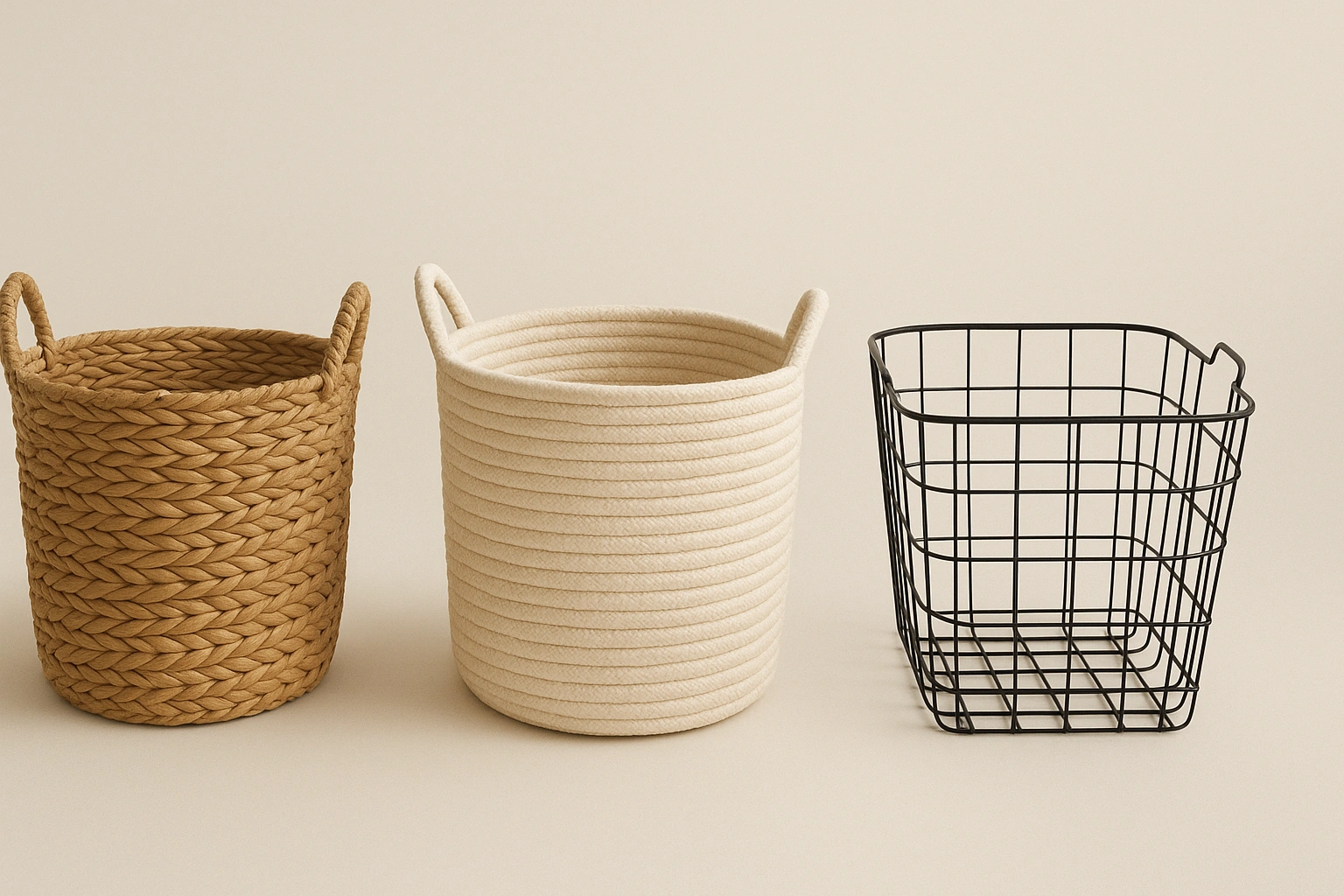 A visual comparison of decorative baskets made from woven seagrass, cotton rope, and metal wire, displayed side by side to highlight their unique textures and styles.A visual comparison of decorative baskets made from woven seagrass, cotton rope, and metal wire, displayed side by side to highlight their unique textures and styles.