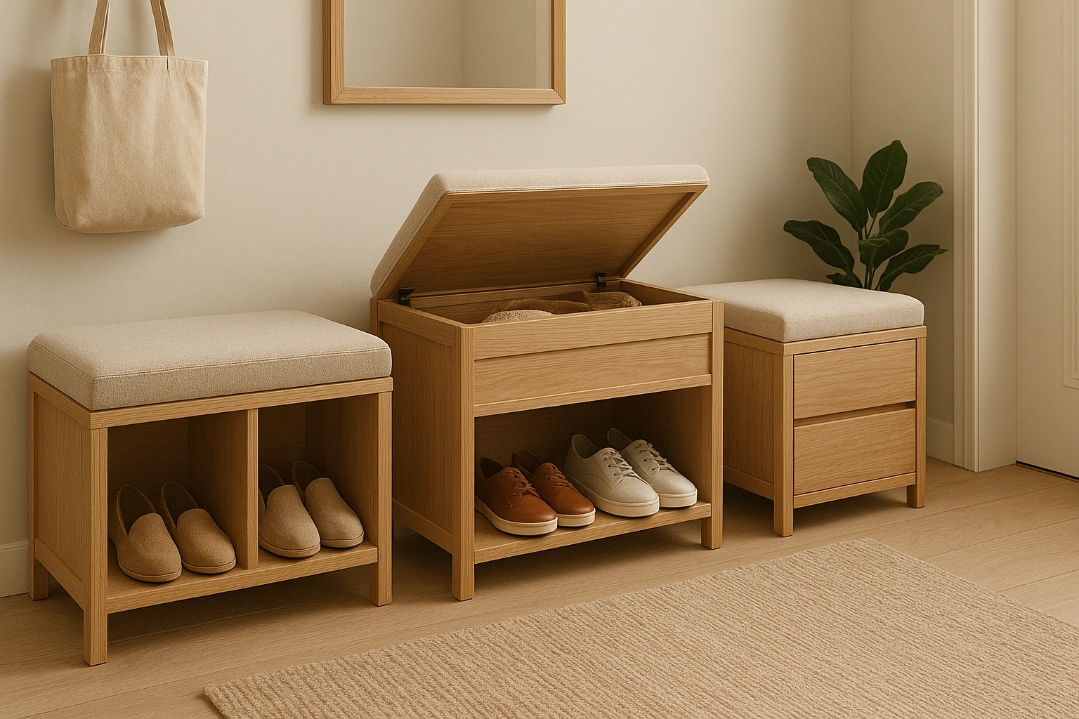 A visual guide comparing different entryway bench storage types, showing side-by-side designs with cubbies, a lift-top bench, and a bench with drawers.
