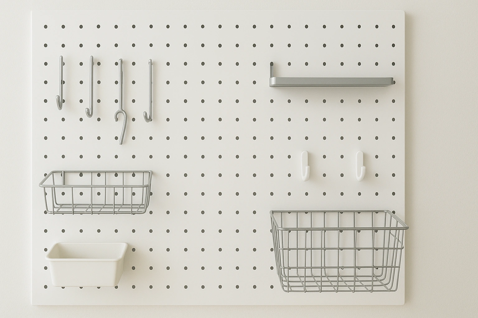A visual guide displaying different pegboard accessories including hooks, shelves, bins, and baskets arranged on a wall panel.