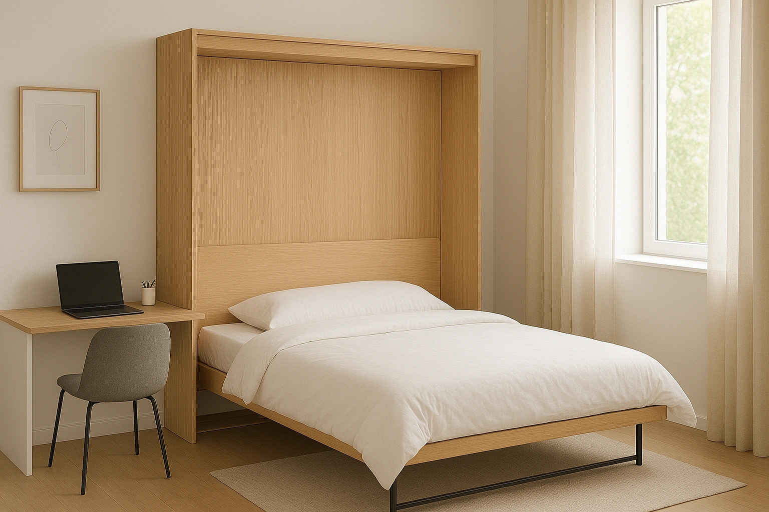 A wall bed with an integrated desk lowered for sleeping, demonstrating a multifunctional setup in a home office guest room.