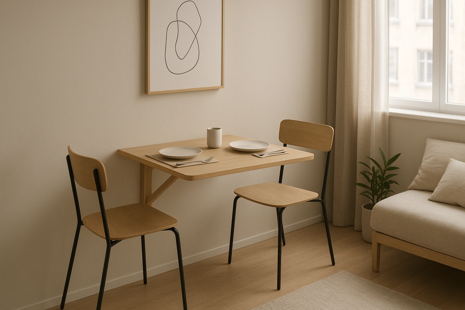 A wall-mounted table designed for small spaces, set up in a studio apartment for a compact dining experience with two chairs.