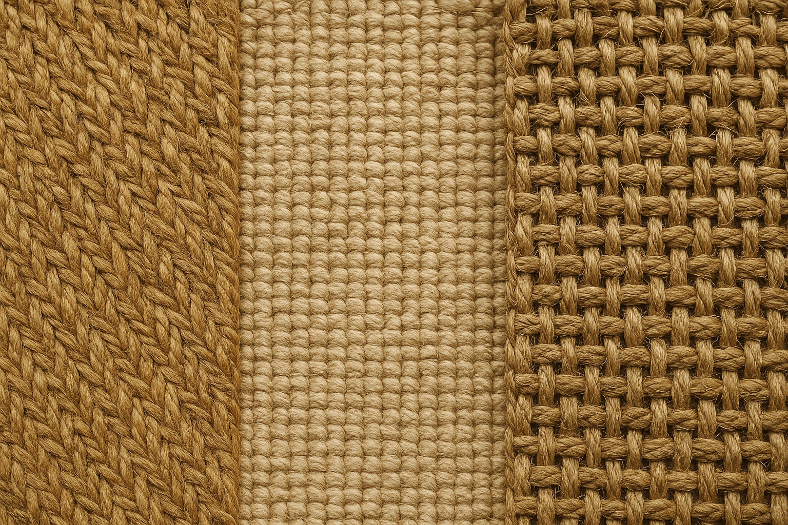 Close-up comparison of jute, sisal, and seagrass rugs, showing their unique textures, weave patterns, and natural color variations.