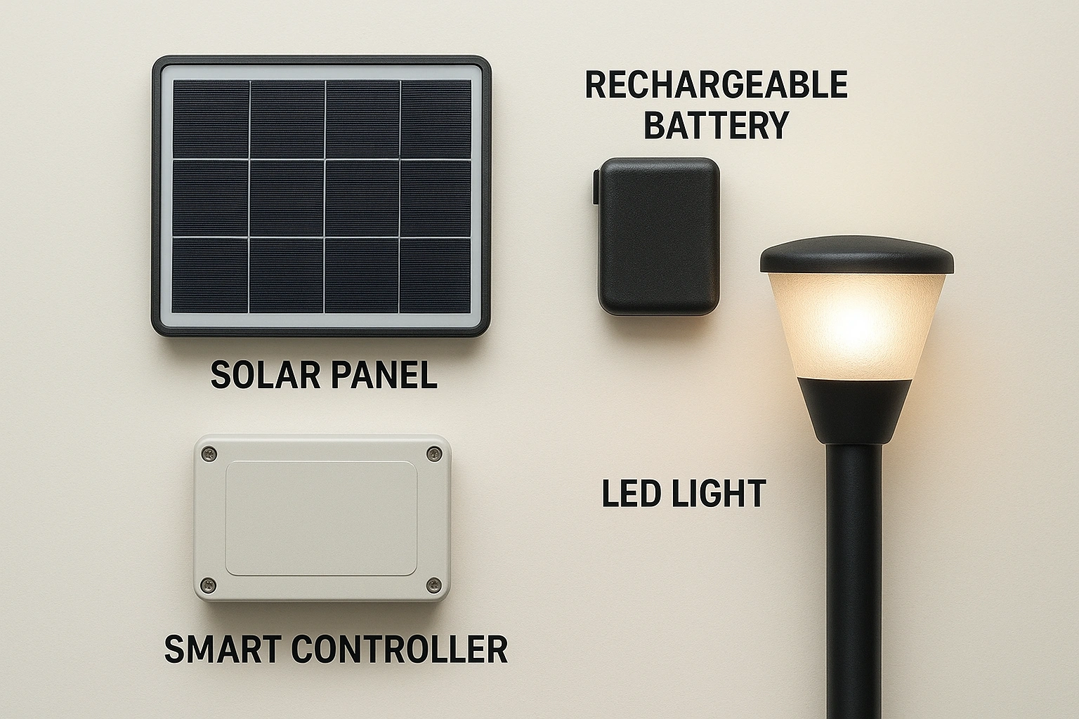 Diagram of a solar smart light showing its main components solar panel, battery, LED, and smart controller.