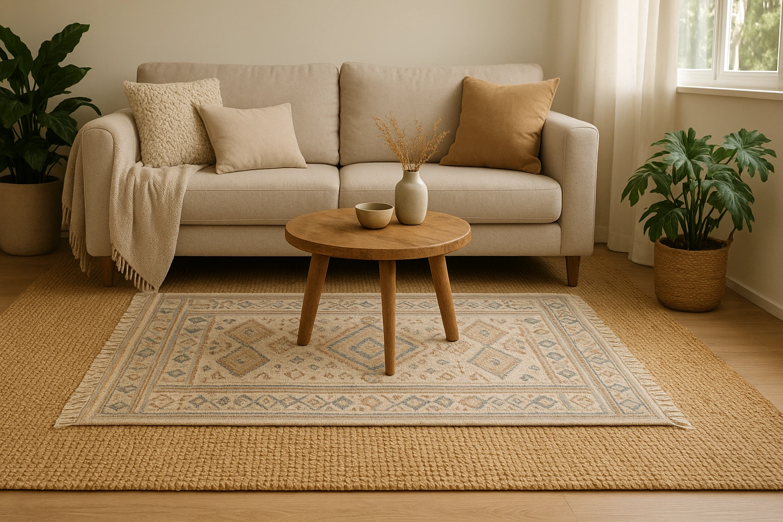 Realistic photo-style living room scene showing a large jute rug layered with a smaller patterned rug. The image highlights styling ideas for layering rugs with natural textures. Ratio 169.