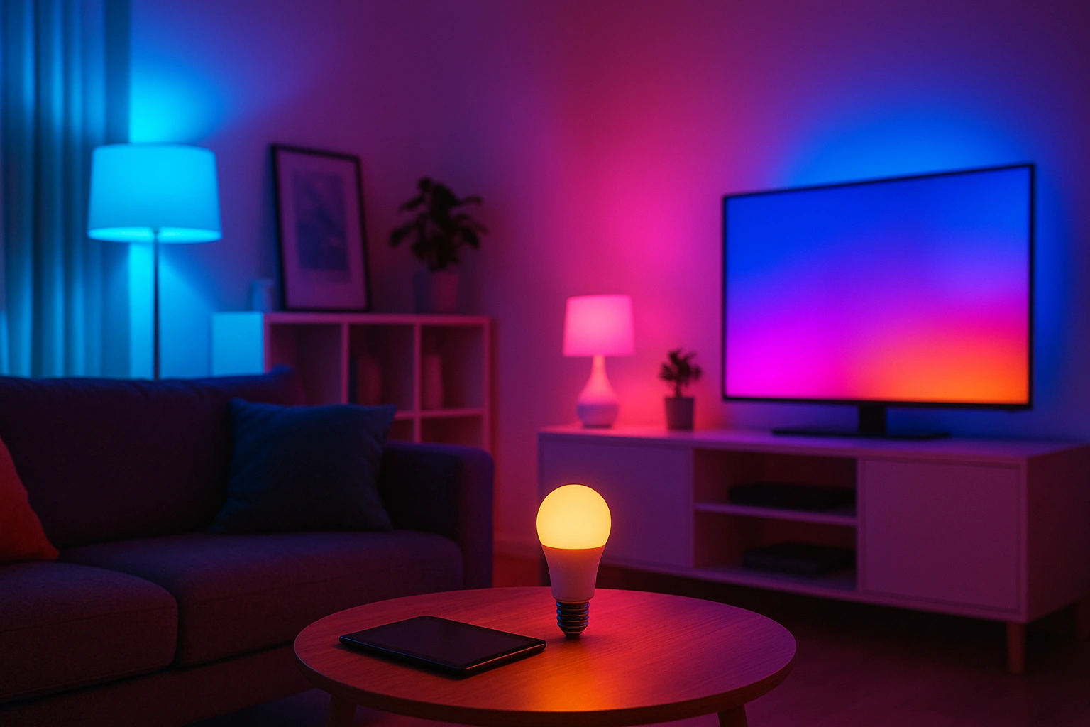 Smart LED bulbs casting vibrant colors in a modern living room, demonstrating home automation and dynamic lighting effects.