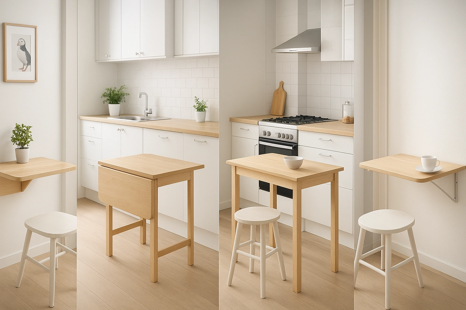 A selection of the best foldable dining tables for small spaces, including wall-mounted, drop-leaf, and compact freestanding options, shown in bright and modern kitchen settings.