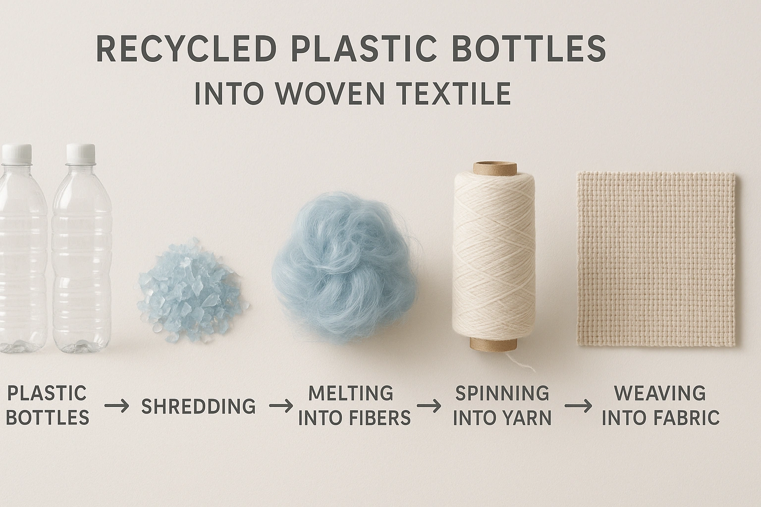 A realistic photo-style educational diagram illustrating the process of recycling plastic bottles into woven textile for eco-friendly home décor. The stages include plastic bottles, shredding into flakes, melt