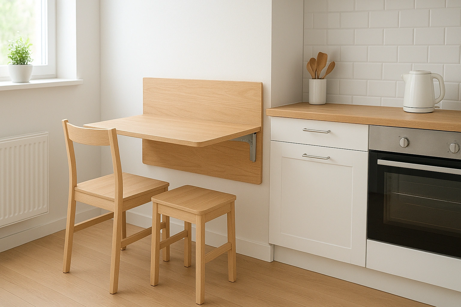 A compact all-in-one dining set for small spaces, with a table and chairs or benches that tuck neatly underneath, designed for a minimal footprint in a modern kitchen.