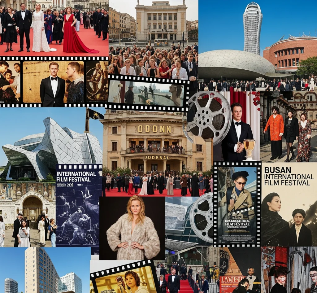 A dynamic visual collage depicts a diverse range of global film festivals, including red carpets, film reels, audiences, and iconic architectural elements.