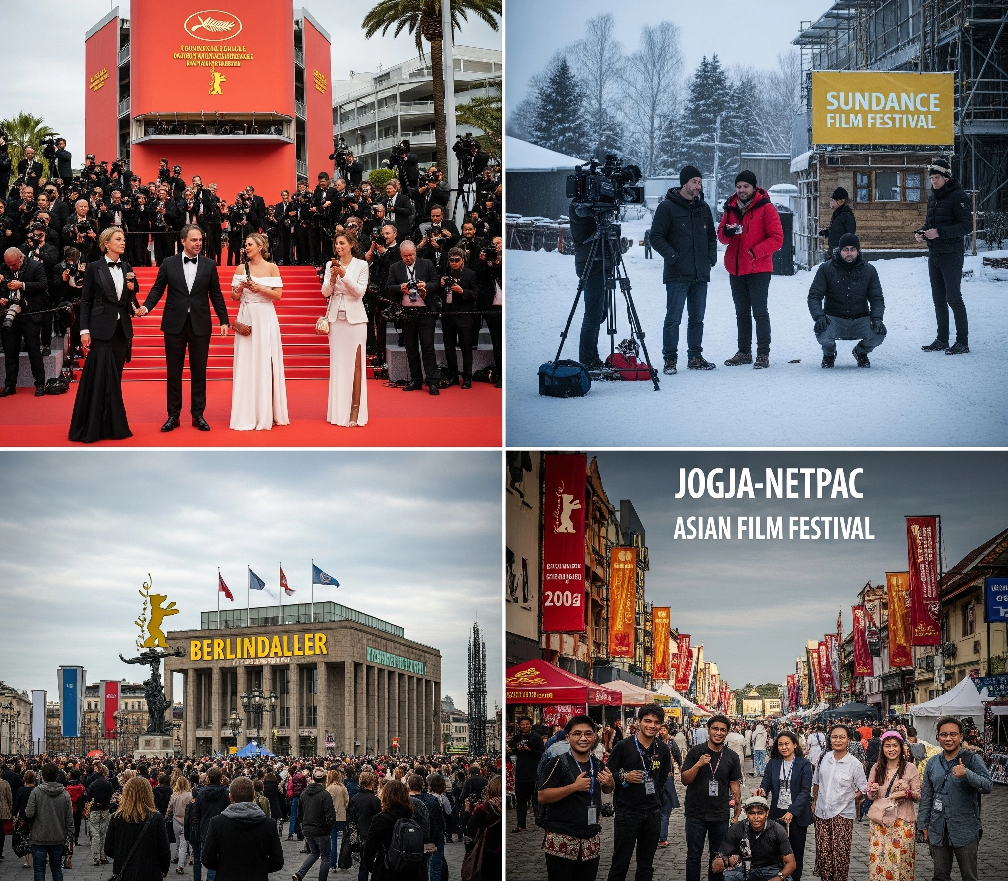 A four-part collage showcasing the distinctive atmosphere of the Cannes, Sundance, Berlinale, and Jogja-NETPAC film festivals.