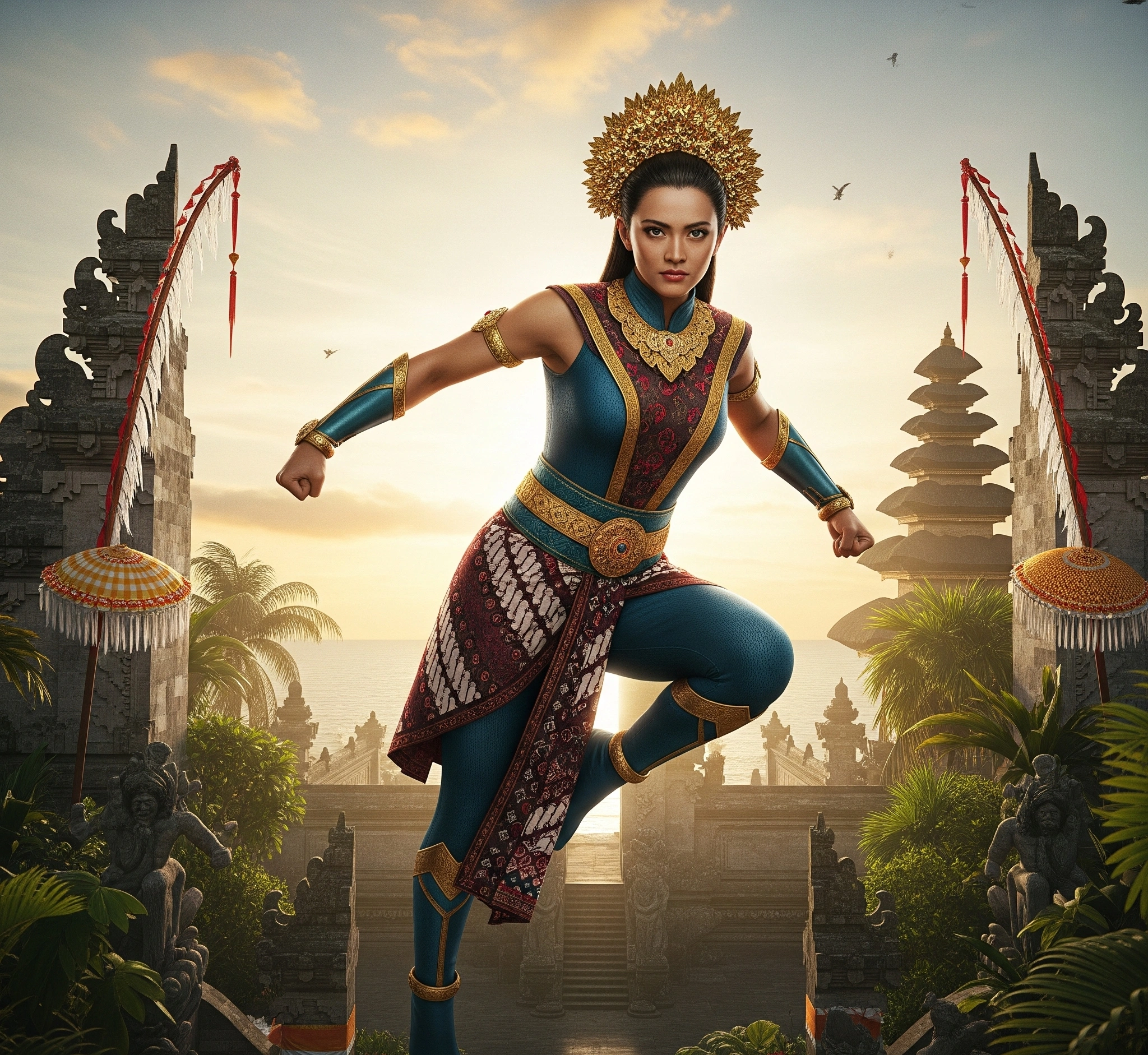 Sri Asih, pahlawan super wanita Indonesia, dalam pose dinamis, menunjukkan kekuatan dan keanggunan, dengan latar belakang elemen tradisional Indonesia.