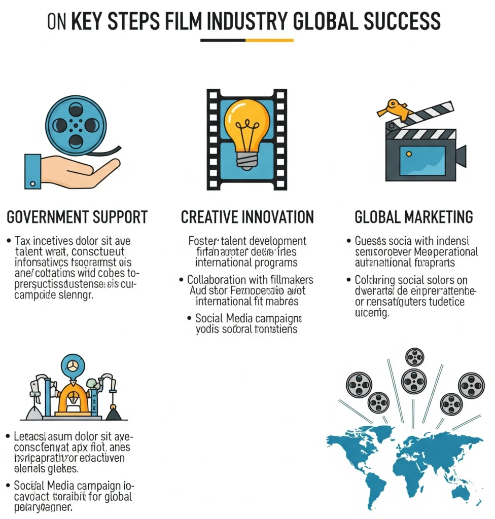 Infographic showing steps for a film industry to achieve global success: government support, creative innovation, and global marketing.